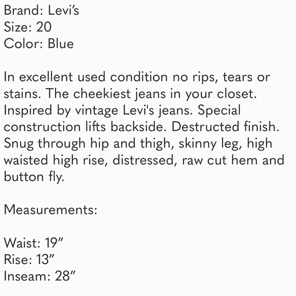 ❤️ *LEVI’S* RED TAB WEDGIE SKINNY JEANS 20W!❤️ - Picture 12 of 12